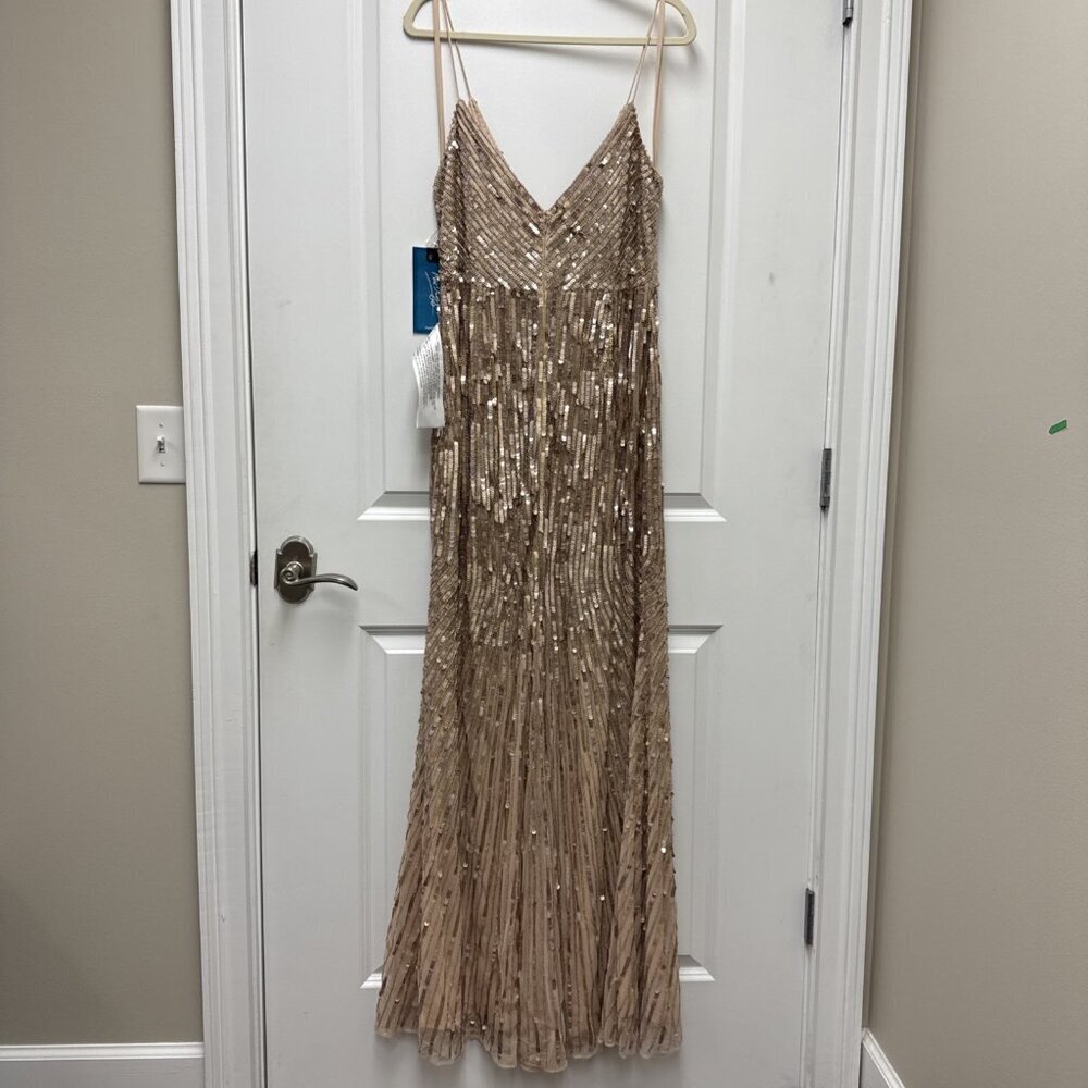 Mac Duggal Size 14 Gold 10817 Sequin Beaded Spaghetti Strap V-neck Gown Dress - Picture 9 of 11